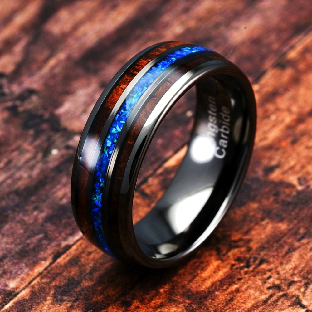 Tungsten Carbide Ring For Men Koa Wood Blue Opal Inlaid Wedding Band Eng. Ring